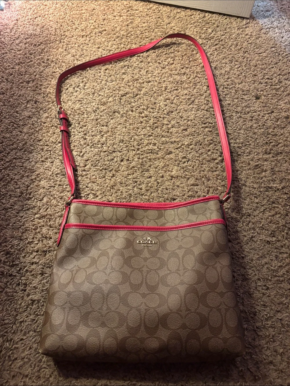 Coach Brown Signature Crossbody with Pink Trim